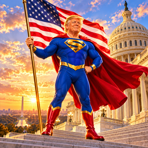 Super Intelligence Trump on the Capitol steps with the American flag